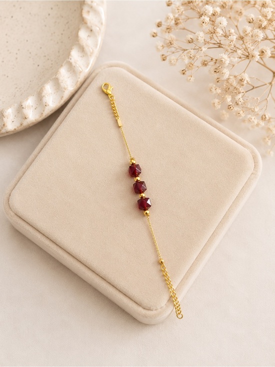 Jewelry - Gold Chain Bracelet with Deep Red Faceted Beads